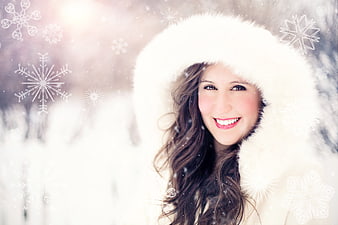 Smiling Woman in White Fur Hood Winter Snow Portrait