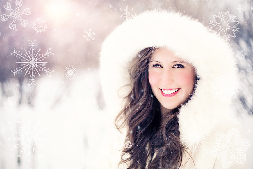 Smiling Woman in White Fur Hood Winter Snow Portrait