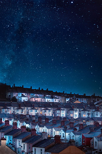 Starry Night Sky Over Residential Town Houses
