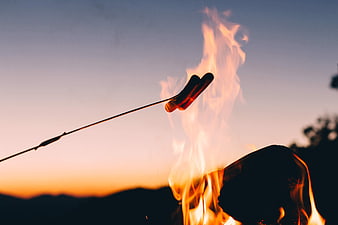 Roasting Hot Dogs Over Campfire at Sunset