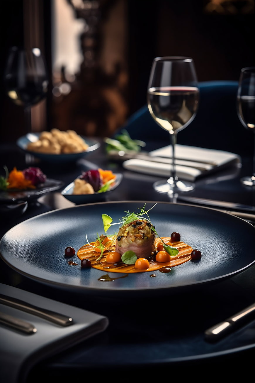 Fine dining gourmet dish with wine on dark table
