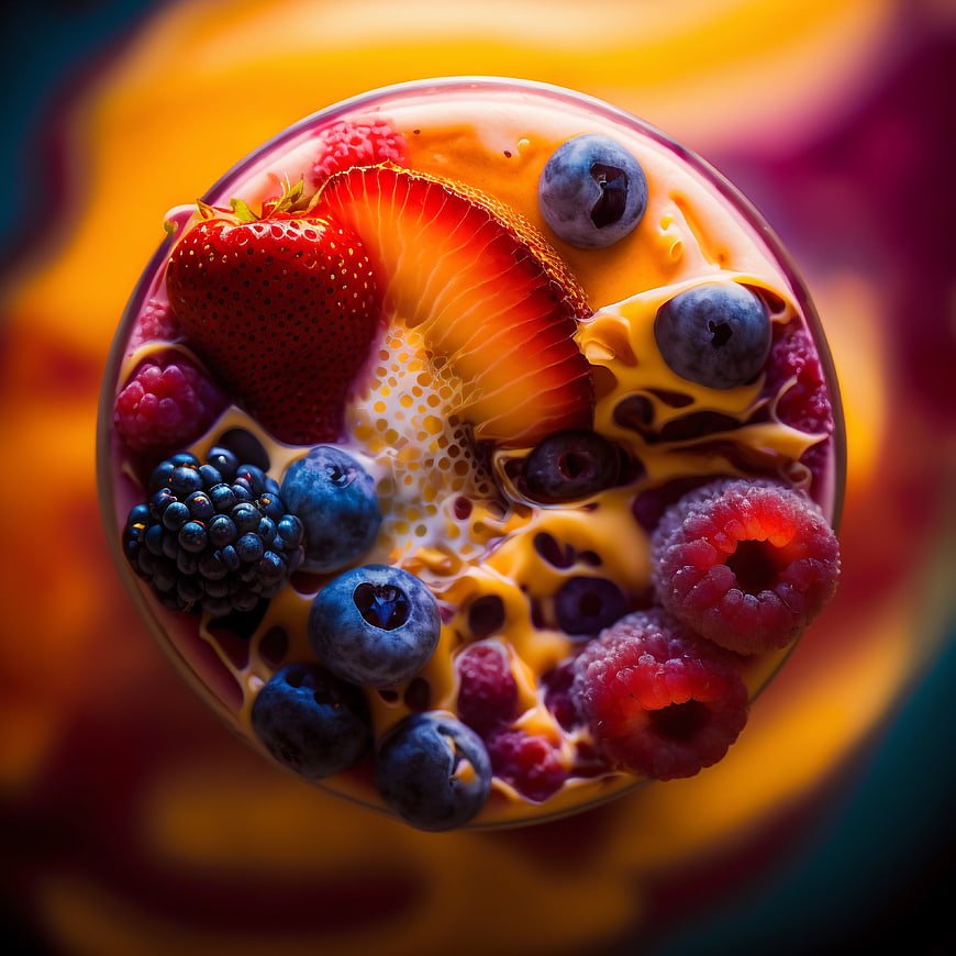 Top View Colorful Berry Smoothie Bowl with Fresh Fruit