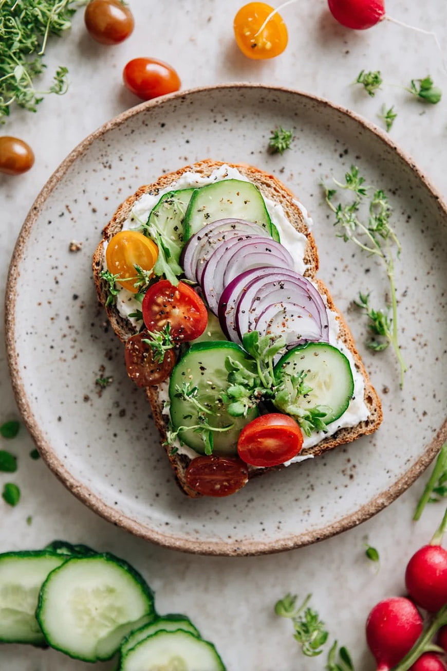 Fresh Vegetable Open Sandwich on Rustic Ceramic Plate