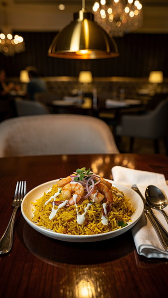 Plated Shrimp Biryani in Elegant Restaurant Setting