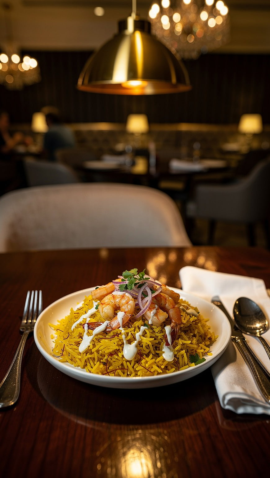 Plated Shrimp Biryani in Elegant Restaurant Setting