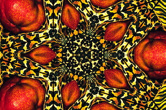 Kaleidoscope pattern of red pears on leopard print background