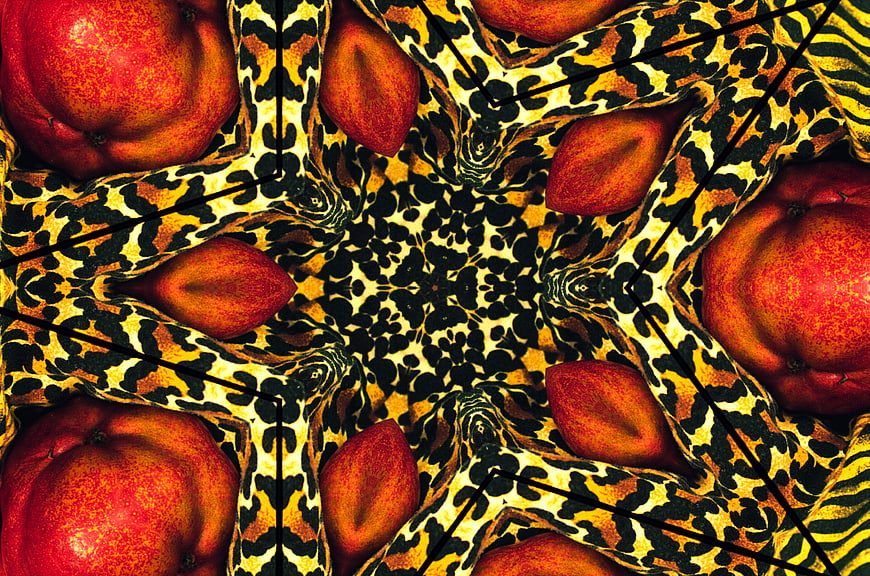 Kaleidoscope pattern of red pears on leopard print background