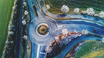 Aerial view of roundabout with blooming trees