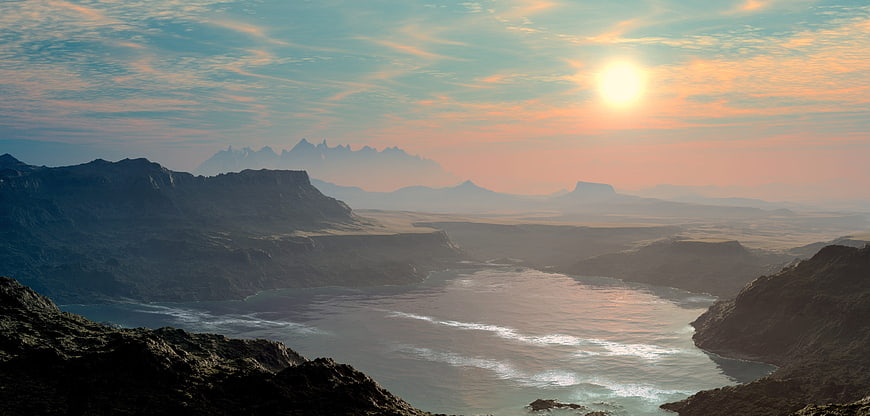 Panoramic Mountain Landscape with Lake and Sunset