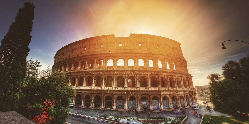 Colosseum in Rome at Golden Hour with Dramatic Sky