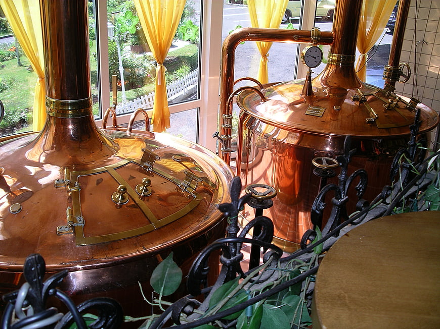 Copper brewing tanks in a sunlit brewery interior