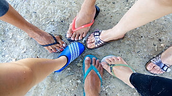 Group of feet in sandals and water shoes on sandy beach