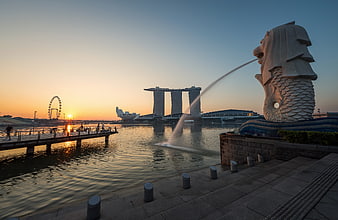 Merlion Park Singapore Sunset Skyline with Marina Bay Sands