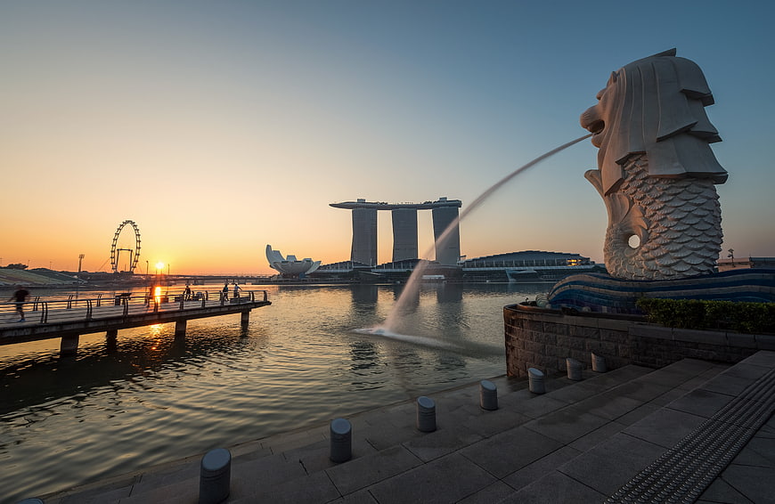 Merlion Park Singapore Sunset Skyline with Marina Bay Sands