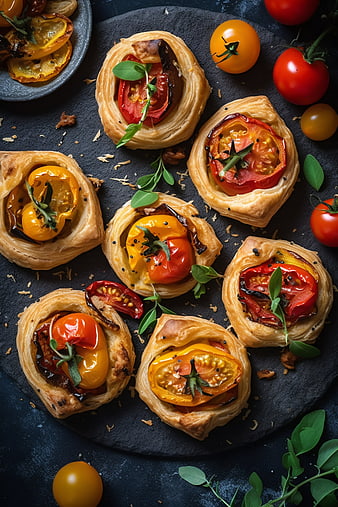 Overhead view of savory tomato puff pastry appetizers on dark slate