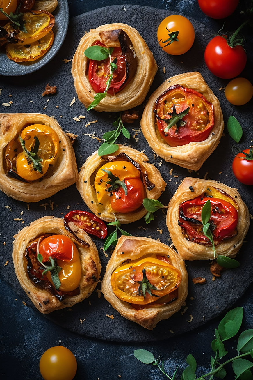 Overhead view of savory tomato puff pastry appetizers on dark slate