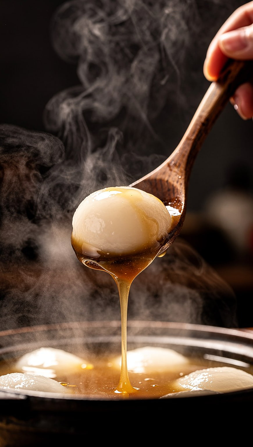 Steaming Sweet Rice Balls in Syrup on Wooden Spoon