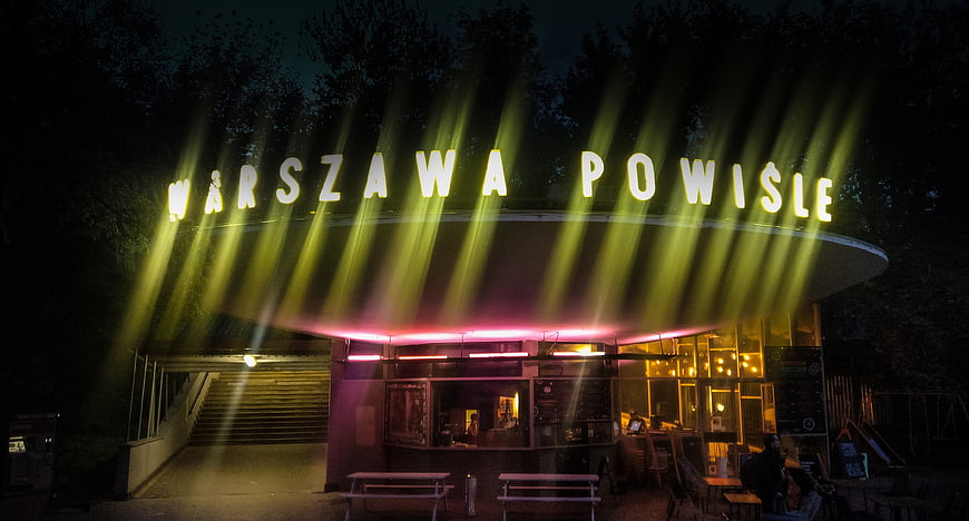 Warszawa Powisle Night Sign with Light Beams