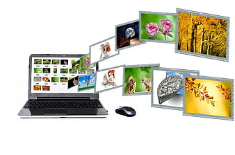 Laptop with digital photo frames flying out on white background