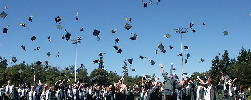 Graduates throwing caps in the air at outdoor ceremony