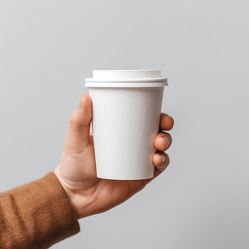 Hand holding blank white paper coffee cup mockup