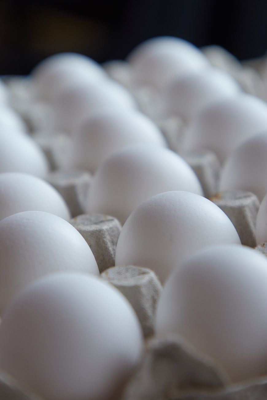 Close-up of white eggs in a cardboard carton