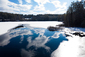 Frozen Lake with Blue Water Reflection in Winter Forest