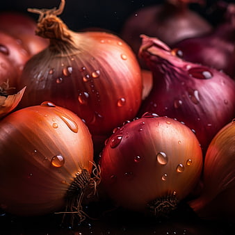Fresh Red Onions with Water Droplets Close-Up
