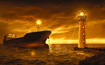 Cargo ship near lighthouse during dramatic golden sunset
