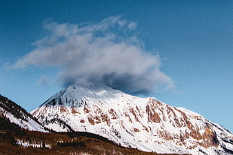 Snow-Capped Mountain Peak with Clouds in Blue Sky