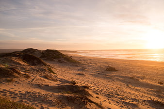Golden Sunset Over Sandy Beach Dunes and Ocean Horizon