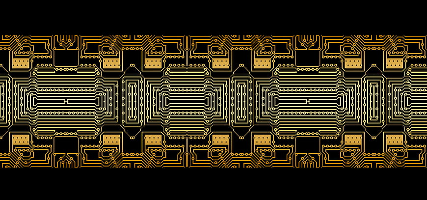 Golden circuit board pattern on black background