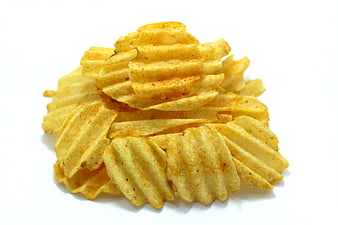Pile of Crispy Crinkle-Cut Potato Chips on White Background