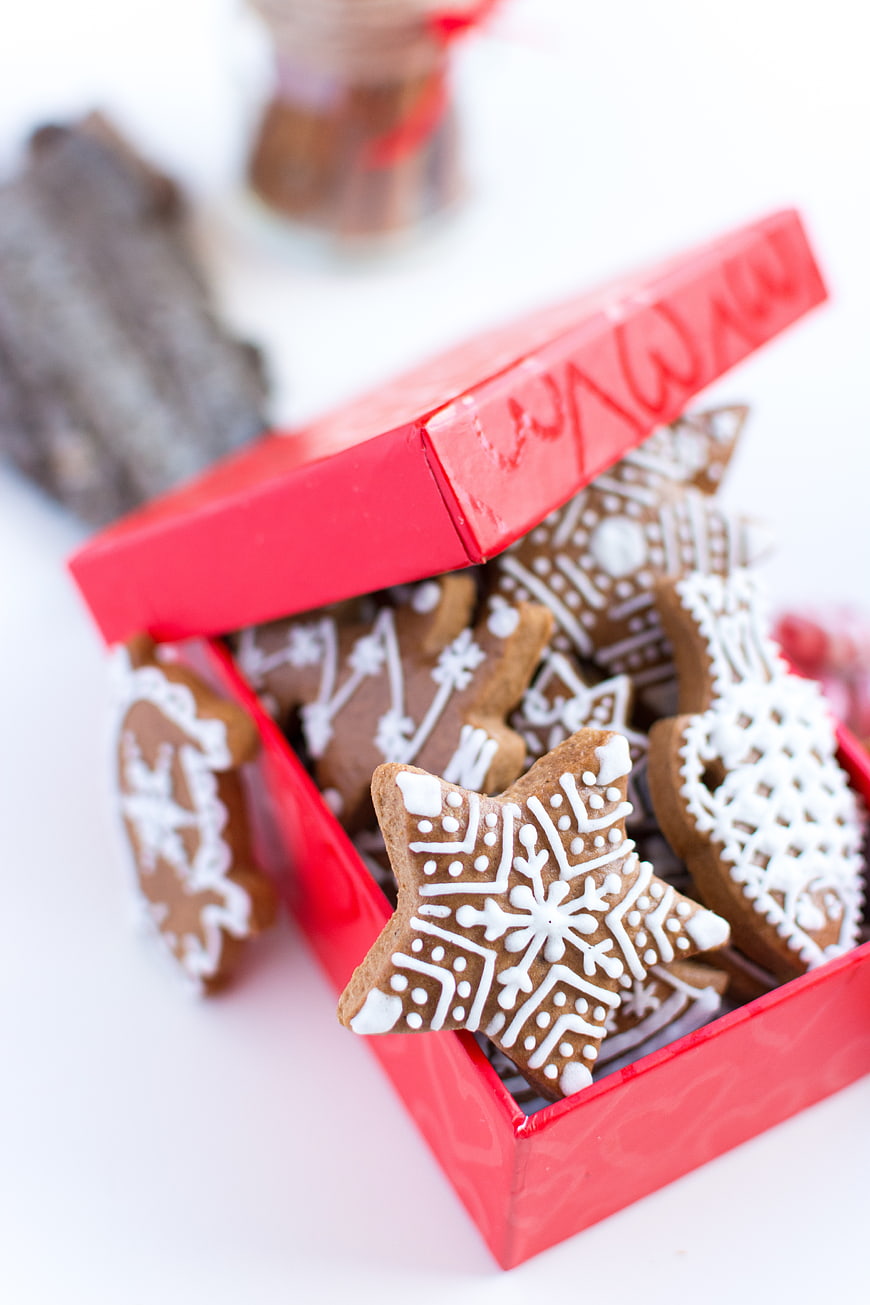 Traditional Christmas gingerbread cookies in a red gift box