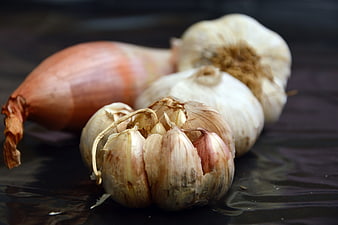 Fresh Garlic Bulbs and Red Onion on Dark Surface