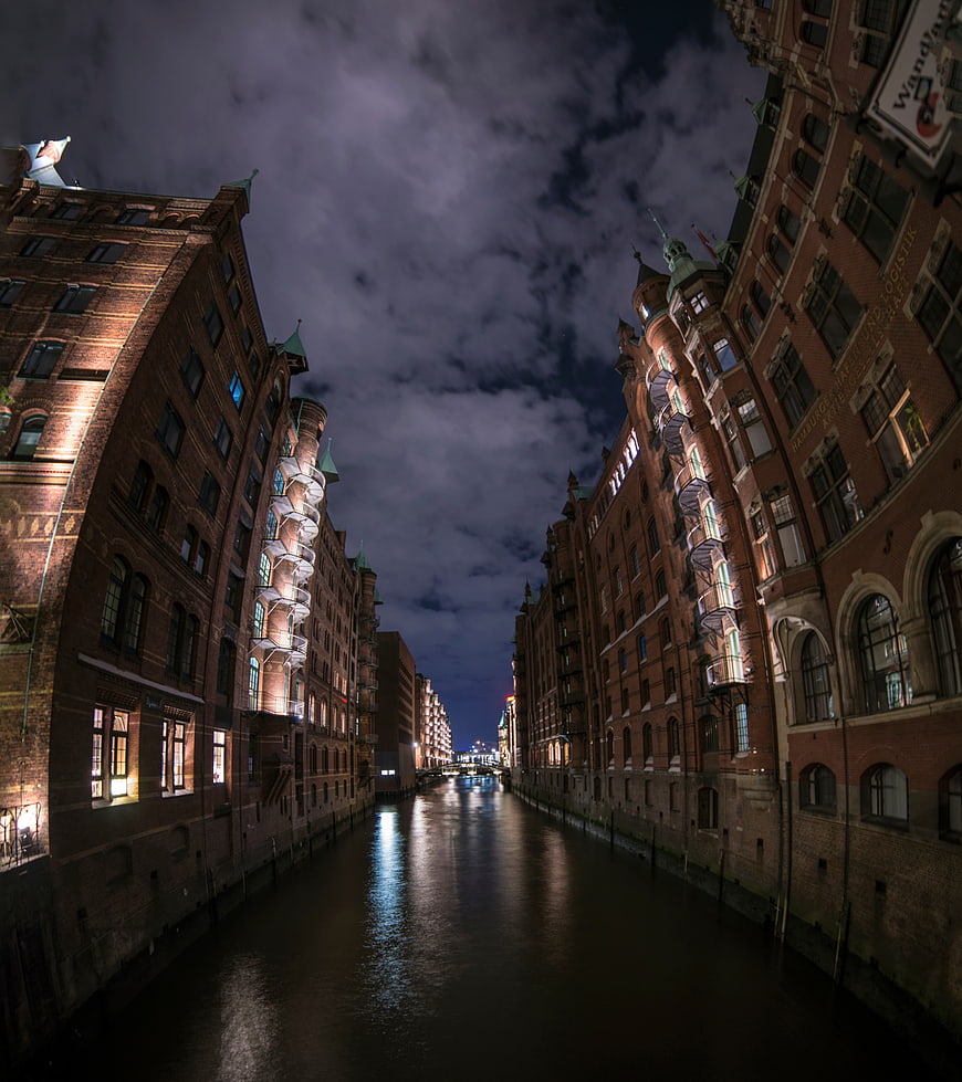 Night view of Speicherstadt canal Hamburg Germany
