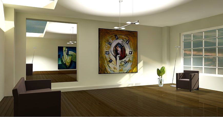 Modern 3D Interior Rendering of a Minimalist Living Room with Abstract Art