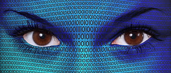 Close-up of human eyes with blue binary code overlay