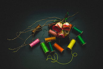Colorful Thread Spools and Dried Roses on Dark Background