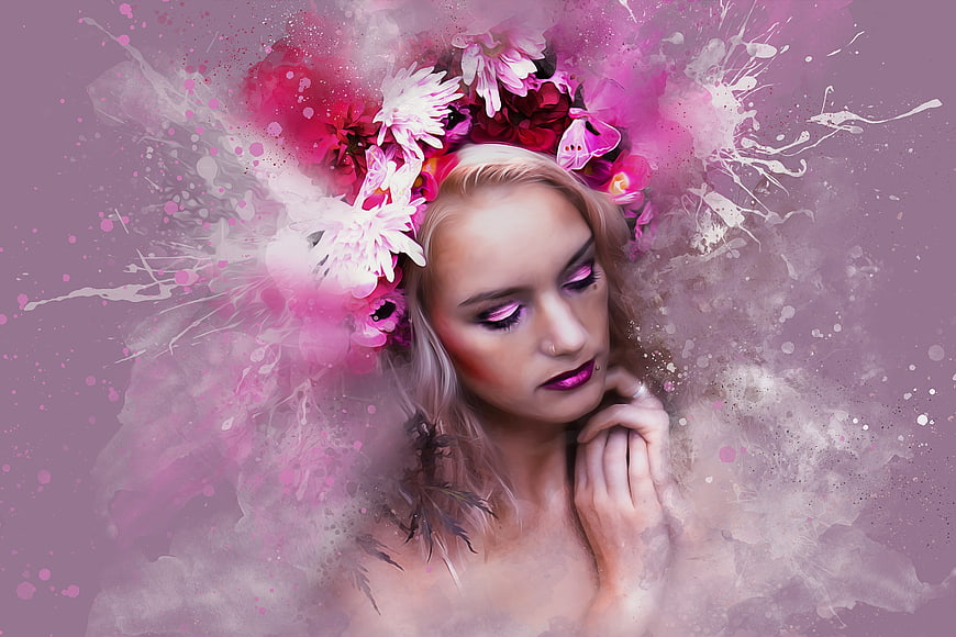 Pink Fantasy Portrait of Woman with Floral Crown and Ink Splashes