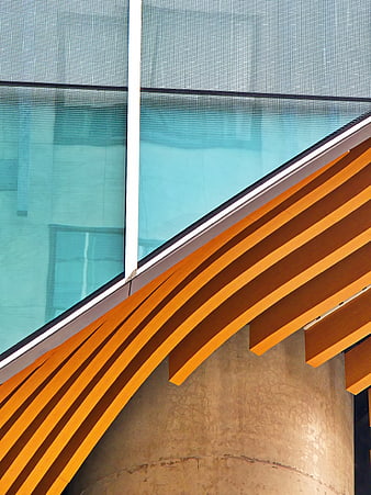Modern architectural detail with wooden slats and glass facade