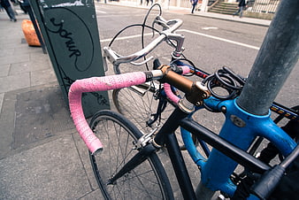 Parked Vintage Road Bicycles with Pink Handlebar Tape