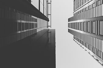 Black and white modern architecture looking up at skyscrapers