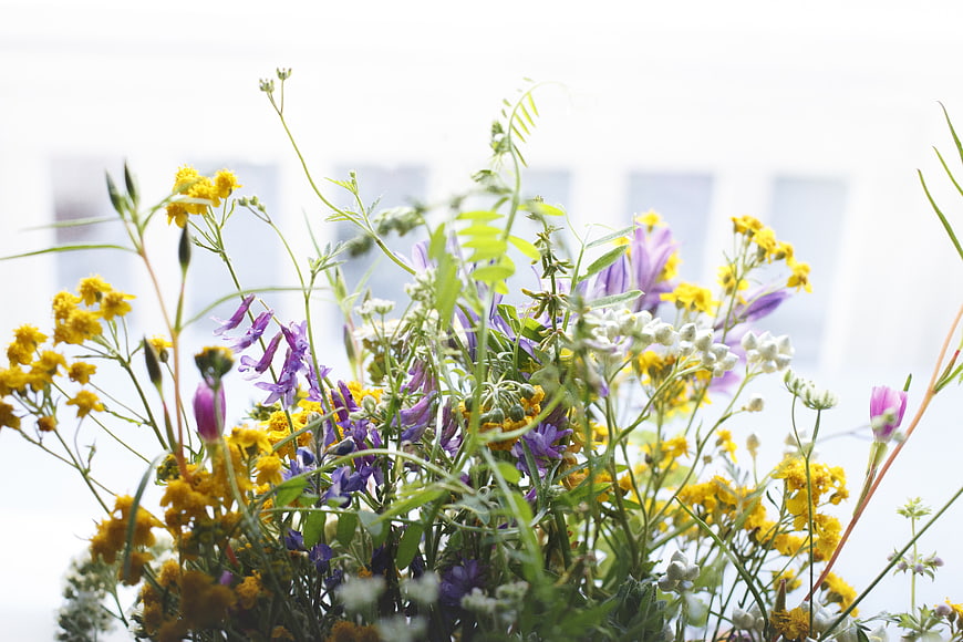 Colorful Wildflower Bouquet with Yellow and Purple Blooms