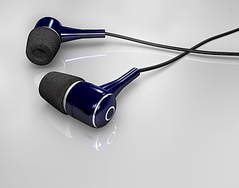 Navy Blue Wired Earbuds on White Surface