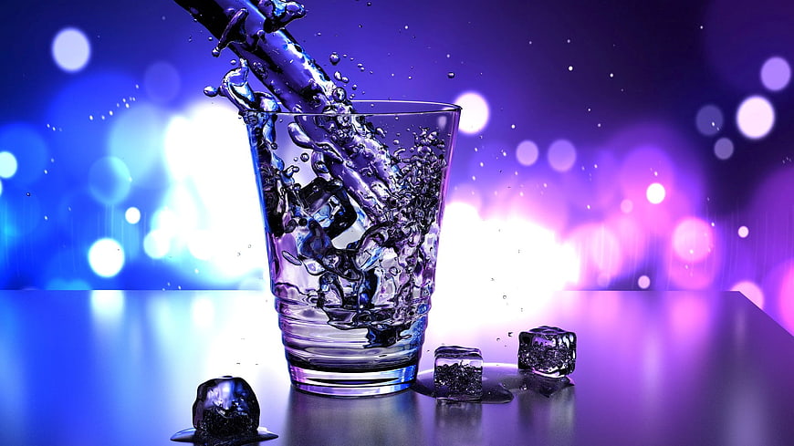 Water Pouring Into Glass With Ice Cubes Against Neon Purple Background