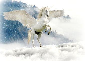 White winged unicorn rearing on clouds in snowy mountains