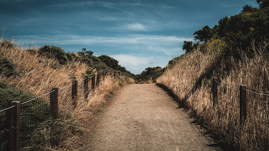 Dirt path through dry grassy hills with wooden fence