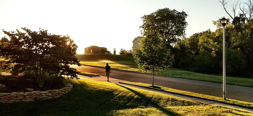 Man Walking on Suburban Street at Golden Hour