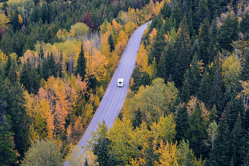 Aerial View of RV Driving on Winding Forest Road in Autumn